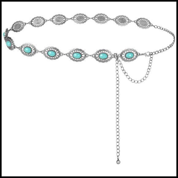 Vintage Turquoise Concho Chain Belt Boho Western Adjustable Metal Waist